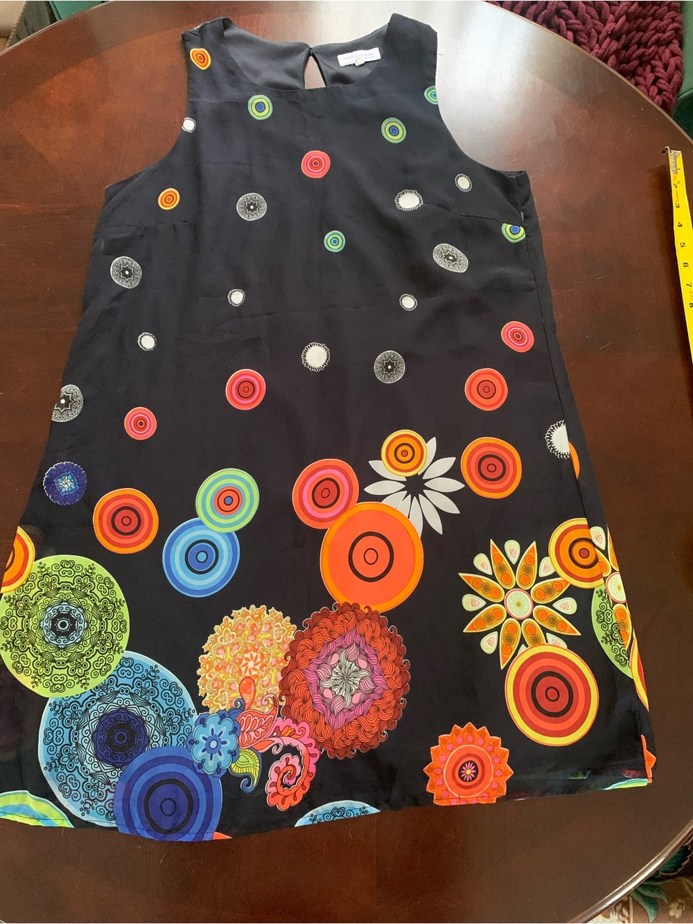 MARIE CLAIRE Black Sleeveless A-Line Dress with Colorful Circular Print SZ Large